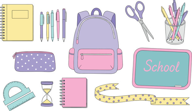 Cute School Supplies Set with Backpack, Notebooks, Pens, Scissors, and Chalkboard for Education Design Projects