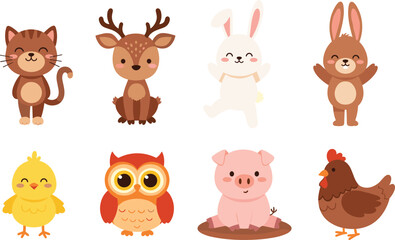 Obraz premium Cute Animal Illustration Set with Cat, Deer, Rabbit, Owl, Pig, Chick, and Chicken for Children's Designs, Animal Care, and Kids' Apps