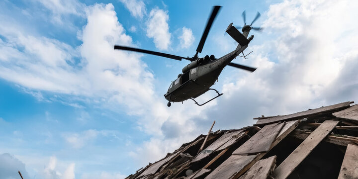helicopter flies over a damaged, partially collapsed roof against a backdrop of blue sky with scattered clouds.