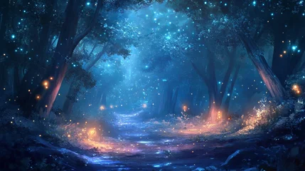 Mystical moonlit forest with glowing lights and enchanted fantasy landscape wallpaper  © Umer
