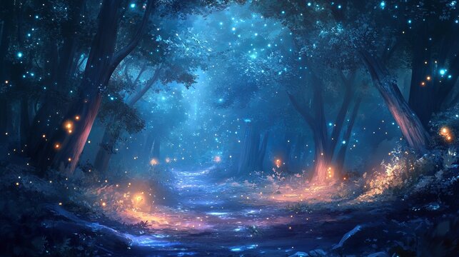 Mystical moonlit forest with glowing lights and enchanted fantasy landscape wallpaper
