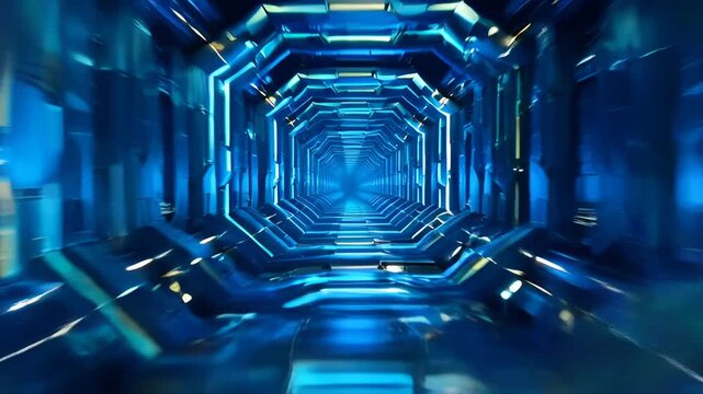 Futuristic blue tunnel corridor with glowing light, abstract digital technology scene, symmetrical perspective, speed motion, dark metallic sci fi passage