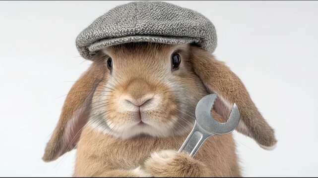 Cute rabbit wearing a flat cap and holding a wrench bunny animal pet