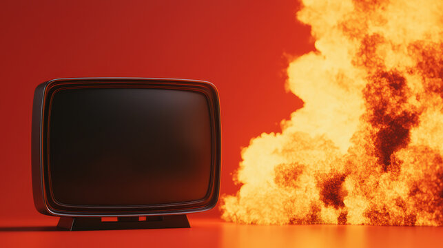 retro television stands on a red surface with a large, intense explosion of flames in the background against a vibrant red backdrop.
