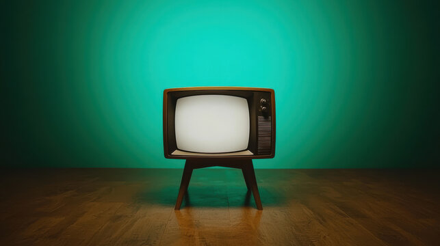 Vintage television set with a blank screen stands on a wooden floor against a teal gradient background, evoking retro and nostalgic vibes.