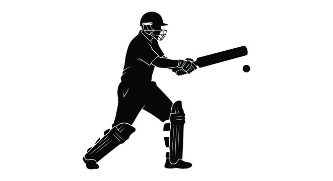 Silhouette of a cricketer batting with a ball and bat against a white background silhouette high quality professional detailed