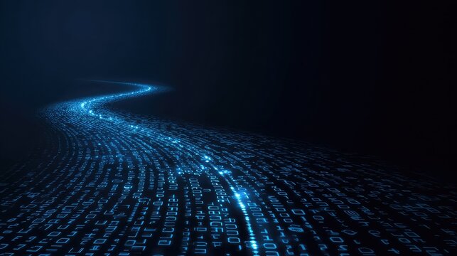 Digital stream of glowing blue binary code flows through darkness