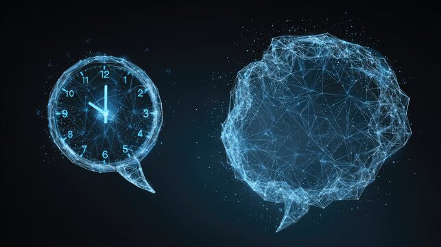 Two glowing blue abstract speech bubbles with a clock in one