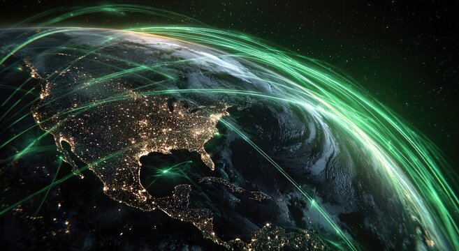 Glowing green lines connect continents on a nighttime Earth