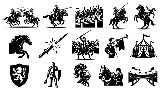 Medieval Knights and Horses Black and White Vector Icons