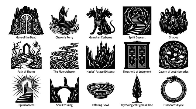 Ancient Greek Underworld Mythology Icons Set - Black and White Line Art Vector Illustrations