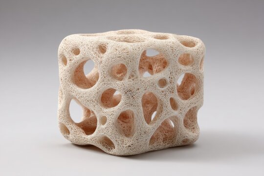 Close-up of a porous, cube-shaped object resembling bone structure.