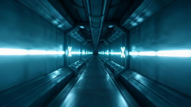 Futuristic corridor tunnel with blue light and motion blur creating sleek sci fi interior, dark metal hallway empty blue light futuristic tunnel, abstract technology background dark sci fi interior