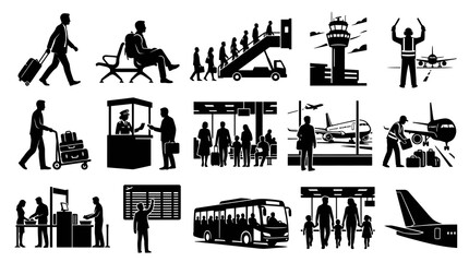 Fototapeta premium Airport Travel Icons Set: Black and White Glyphs of Aviation, Passengers, Airplanes, Staff