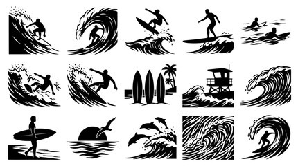 Obraz premium Surfing and Ocean Lifestyle Silhouette Icons Set: Waves, Surfers, Boards, Marine Life Glyphs
