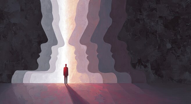 Man Standing Alone Facing Abstract Human Silhouettes in Spectrum of Light.