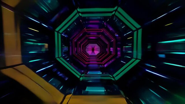 Abstract neon tunnel with glowing purple and pink light, futuristic octagon corridor, neon geometric rings, blue magenta glow, motion blur, dark background, technology perspective
