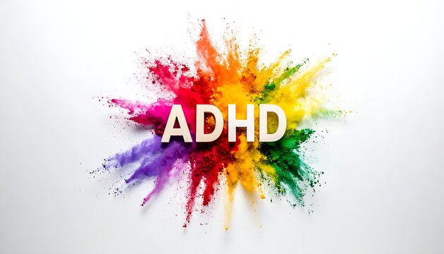 A colorful splatter of paint with the letters ADHD