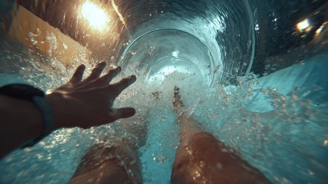 Firstperson view of thrilling waterslide plunge with splashing fun.