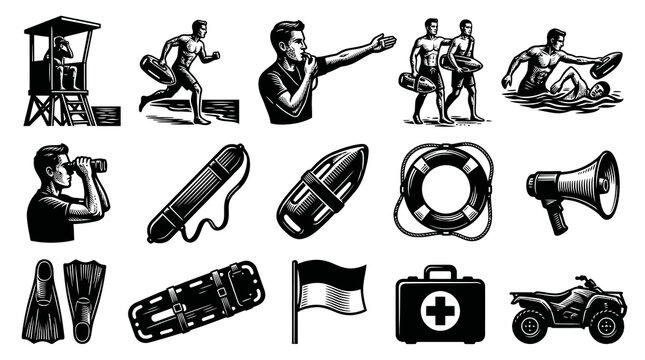 Lifeguard  Water Rescue Equipment Vintage Engraving Style Black  White Illustration Set