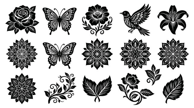 Black and White Floral and Butterfly Tattoo Design Elements