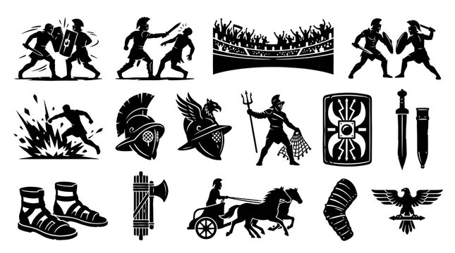 Ancient Rome Gladiator and Roman Empire Black Glyph Vector Icons Set
