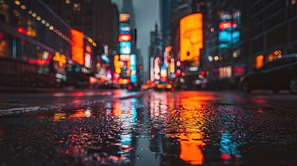 Obraz premium Wet city street at night reflecting vibrant neon lights and blurred buildings