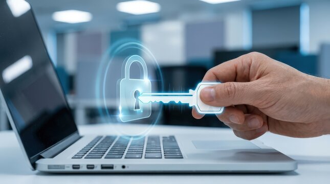 Cybersecurity Specialist using digital key on laptop in office environment. Inserting key to grant secure access to digital systems, and Digital Security concept.
