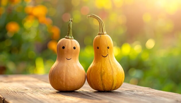 Two smiling gourds on a wooden surface outdoors