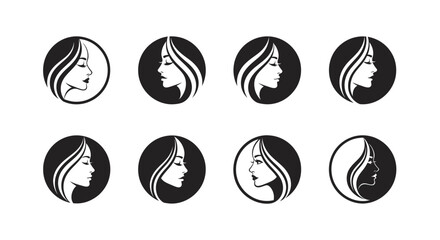 Fototapeta premium A collection of minimalist vector icons featuring a woman's profile in black and white. Ideal for beauty, fashion, and branding.