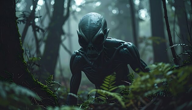A dark, eerie forest scene with a mysterious creature