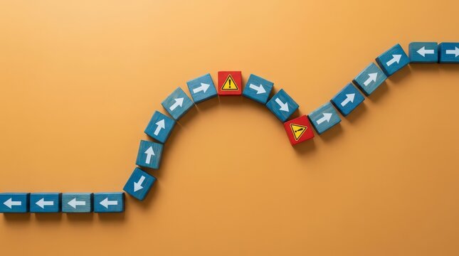 Risk Manager using Path with Directional Blocks on Workflow Environment. Monitoring process flow with hazard indicators, identifying potential disruptions, and Risk Mitigation concept.