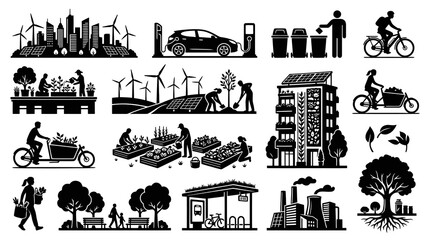 Obraz premium Eco-friendly urban lifestyle icons: city, nature, transport, industry
