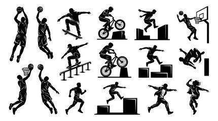 Naklejka premium Dynamic Sports and Extreme Parkour Athletes Black White Silhouettes Set