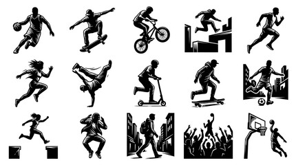 Naklejka premium Dynamic Sports Urban Lifestyle Black White Graphic Illustration Vector Set