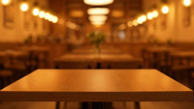 Empty Wooden Restaurant Table Foreground with Blurred Warm Cafe Background, Soft Bokeh Lights, Copy Space, Commercial Food Background Footage