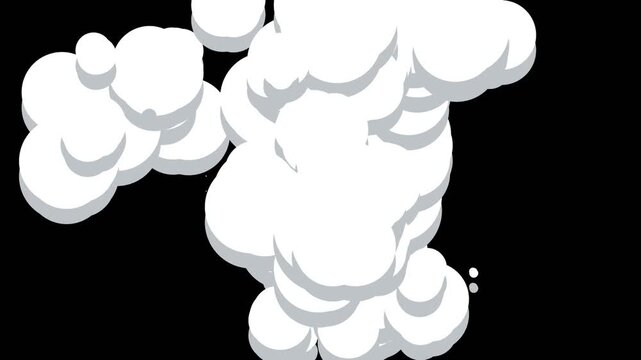 Cartoon Smoke Explosion Animation with White Billowing Puffs on Black Background for Anime Style VFX and Comic Motion Graphics Effects