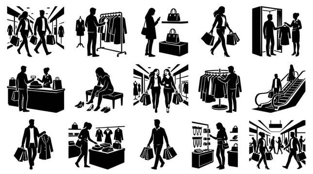 Black and white vector icons of people shopping in a mall