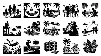 Obraz premium Black and White Summer Vacation Icon Set, Beach, Travel, Recreation