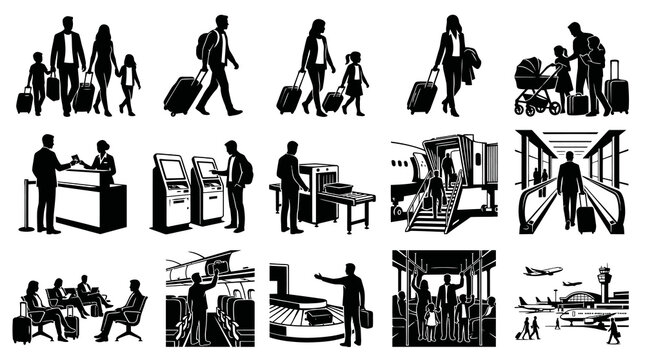 Black  White Silhouettes of Airport Travel and Passengers