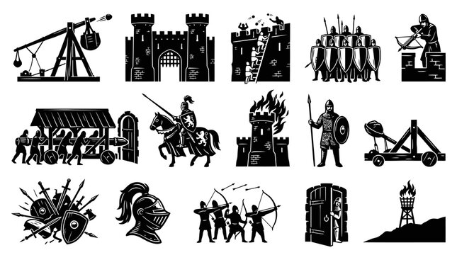 Medieval Warfare Icons: Black  White Castle Sieges, Knights, and Catapults