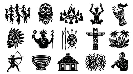 Obraz premium African Tribal Culture Icons: Dance, Ritual, Masks, Totem, Drum