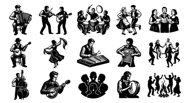 Traditional Folk Music and Dance: Black and White Line Art Illustrations Set