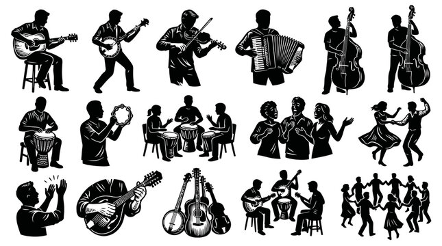 Music  Dance Entertainment Silhouettes: Musicians, Instruments, Folk Dancers Black  White Vector