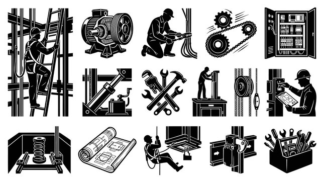 Construction and Industry Icons: Workers, Machinery, Blueprints, Tools, Black  White