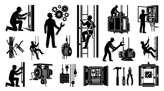 Electricians working with electrical equipment, tools and machinery, black and white icons