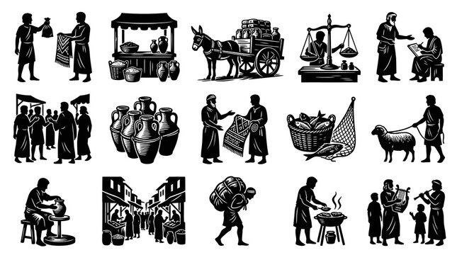 Ancient Market Scene Silhouettes: Commerce, Trade, and Daily Life in Black and White