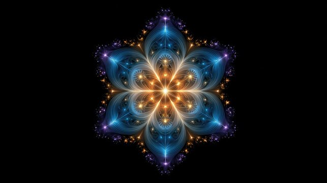Glowing fractal starburst with intricate blue, purple, and orange patterns