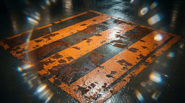 Wet orange and black hazard painted square on grunge floor
