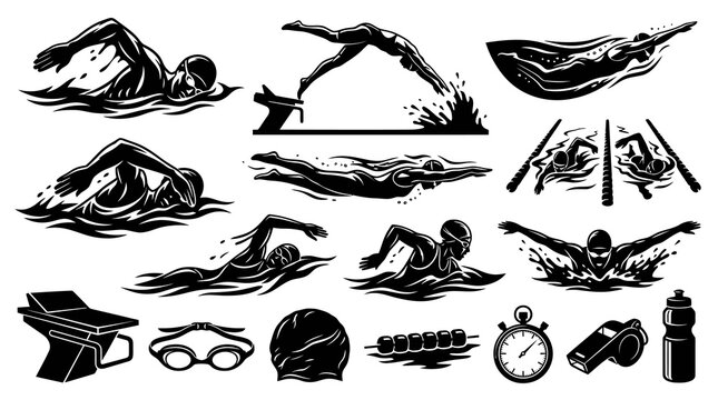 Black and White Vector Illustrations of Swimmers and Swimming Gear